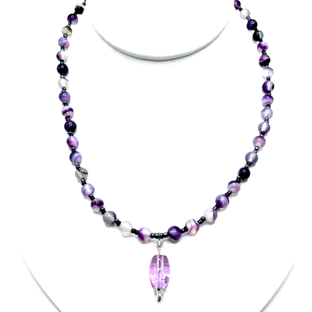Artisan Deep Purple Shades Glass Necklace Lampwork Beaded Dangle Pendant Y2K